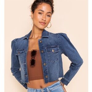 tgla puff long sleeve blue denim jacket shirt cropped raw hem stretch